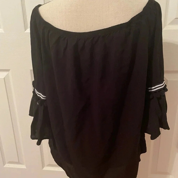 Valerie Steven’s Vintage Black Top Blouse L Off Shoulder Bell Sleeve Rib… - Picture 2 of 8